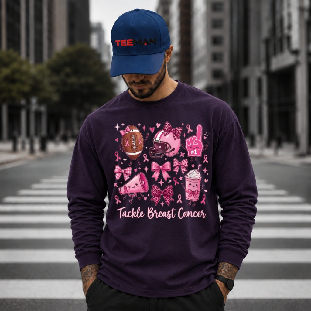 Tackle Breast Cancer Football Helmet Bow Cheer Long Sleeve Tackle Breast Cancer Football Helmet Bow Cheer Long Sleeve