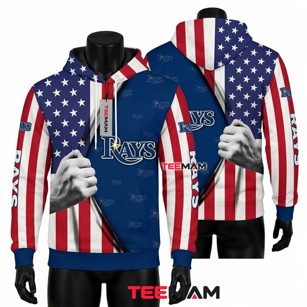 Tampa Bay Rays 3D Hoodie American Flag Ripped Reveal Front