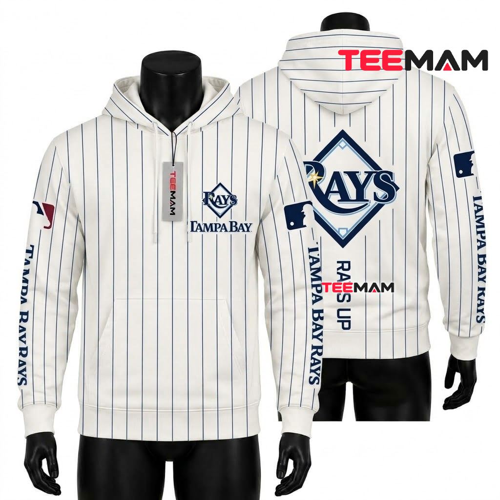 Tampa Bay Rays 3D Hoodie White Pinstripe Rays Up Front