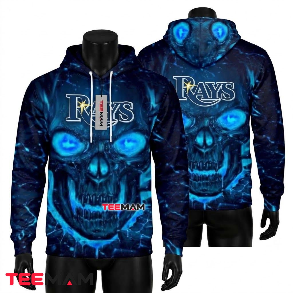 Tampa Bay Rays All Over Print 3D Hoodie Blue Flame Skull Front