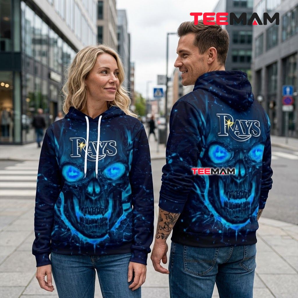 Tampa Bay Rays All Over Print 3D Hoodie Blue Flame Skull Back Tampa Bay Rays All Over Print 3D Hoodie Blue Flame Skull Back