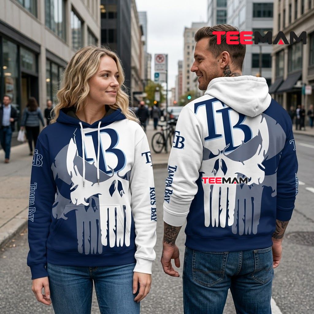 Tampa Bay Rays All Over Print 3D Hoodie Punisher Skull Split Design Back Tampa Bay Rays All Over Print 3D Hoodie Punisher Skull Split Design Back