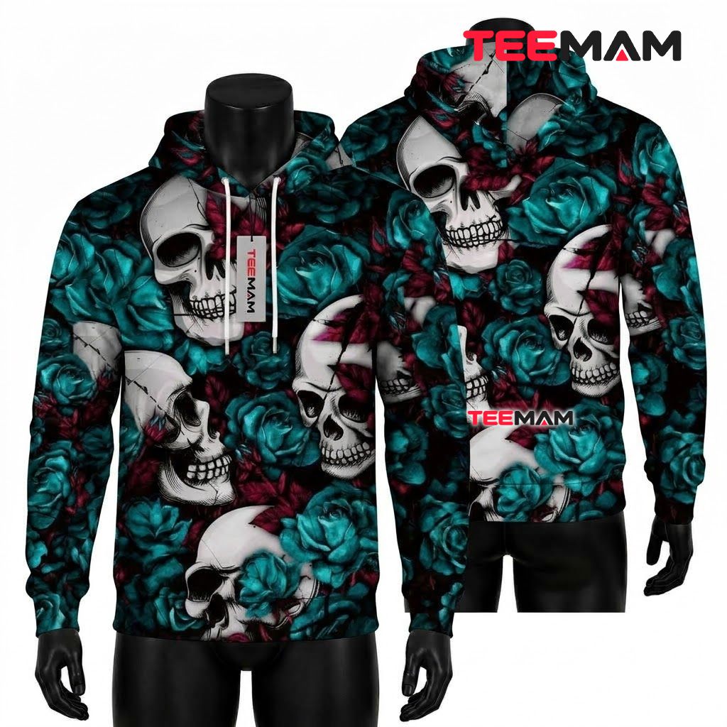 Teal Rose Skull Pattern 3D Hoodie Front