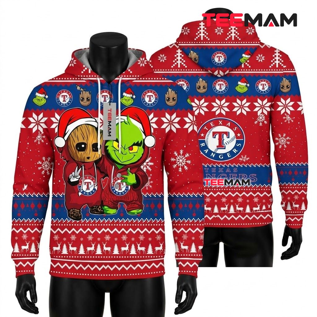Texas Rangers 3D Hoodie Baby Groot Grinch Christmas Front