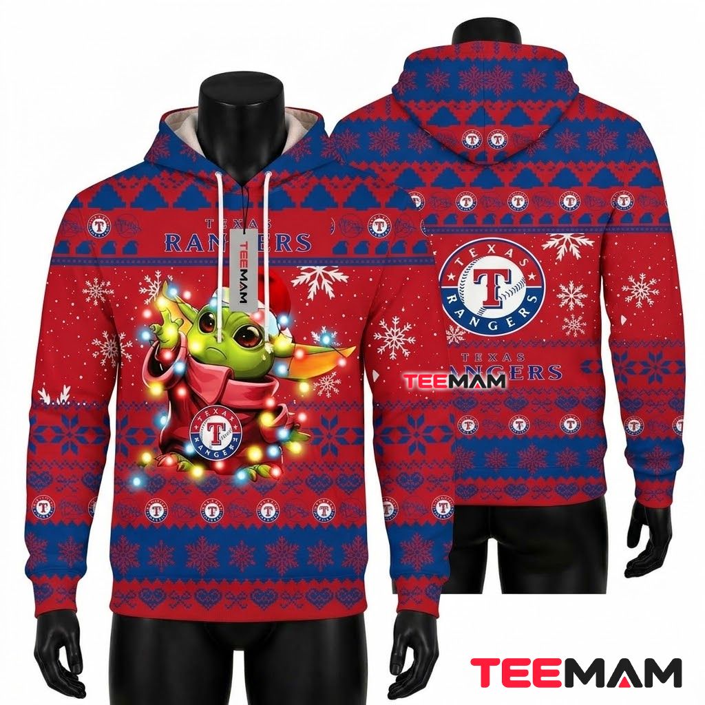 Texas Rangers 3D Hoodie Baby Yoda Christmas Lights Front