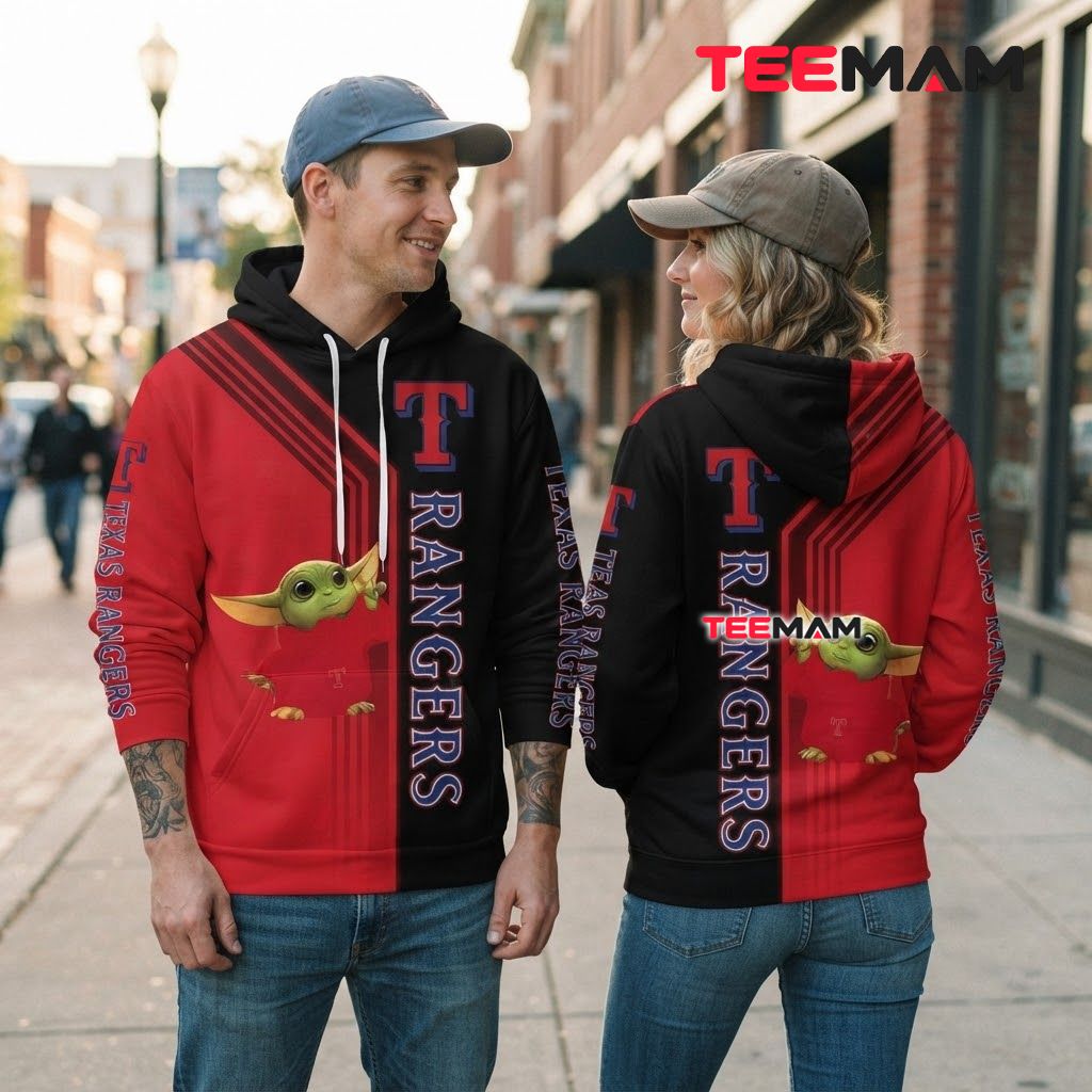 Texas Rangers 3D Hoodie Baby Yoda Red Black Split Back Texas Rangers 3D Hoodie Baby Yoda Red Black Split Back