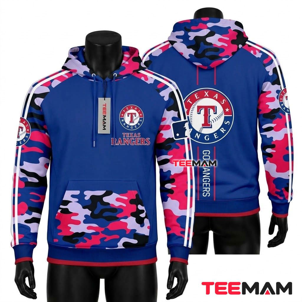 Texas Rangers 3D Hoodie Camouflage Racing Stripe Blue Front