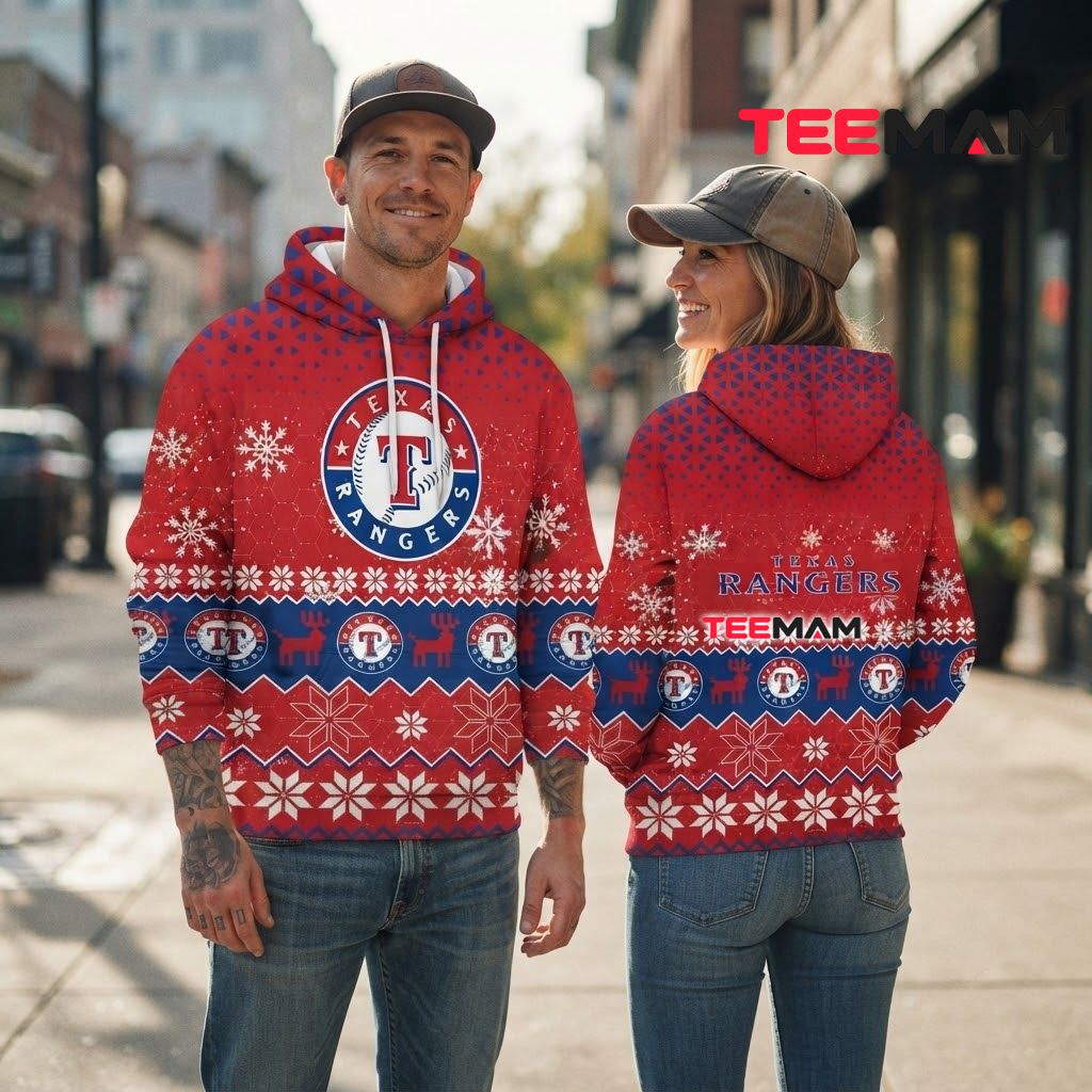 Texas Rangers 3D Hoodie Christmas Reindeer Snowflake Red Back Texas Rangers 3D Hoodie Christmas Reindeer Snowflake Red Back