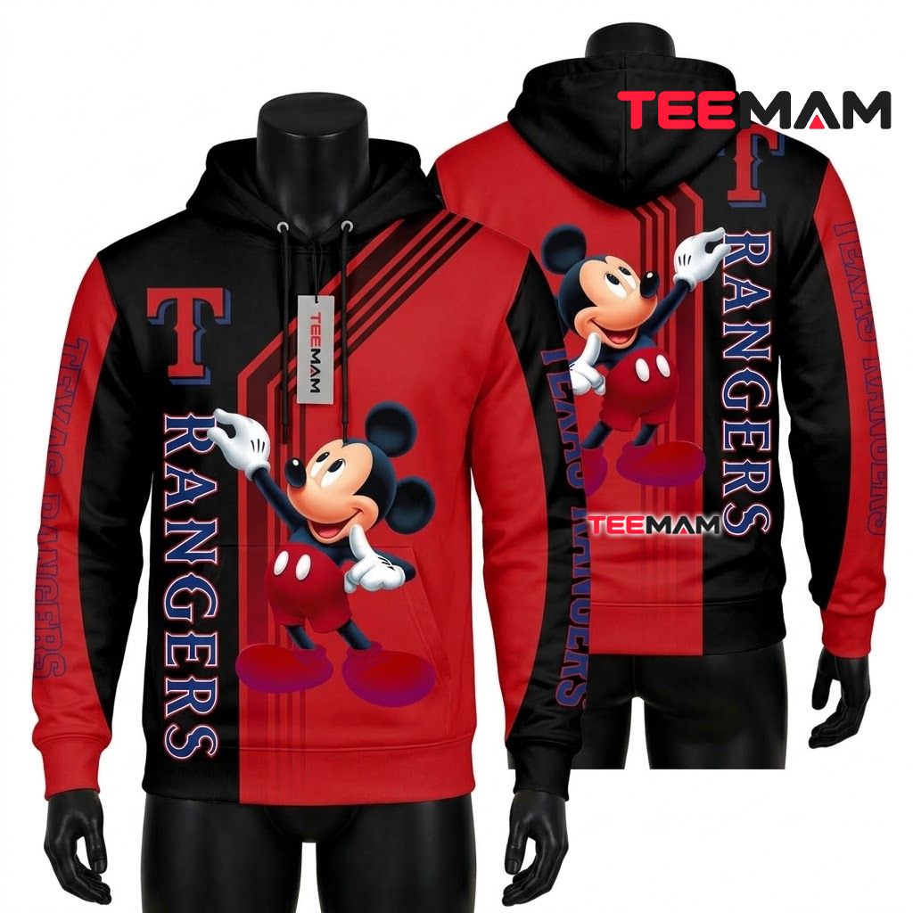 Texas Rangers 3D Hoodie Mickey Mouse Red Black Split Front