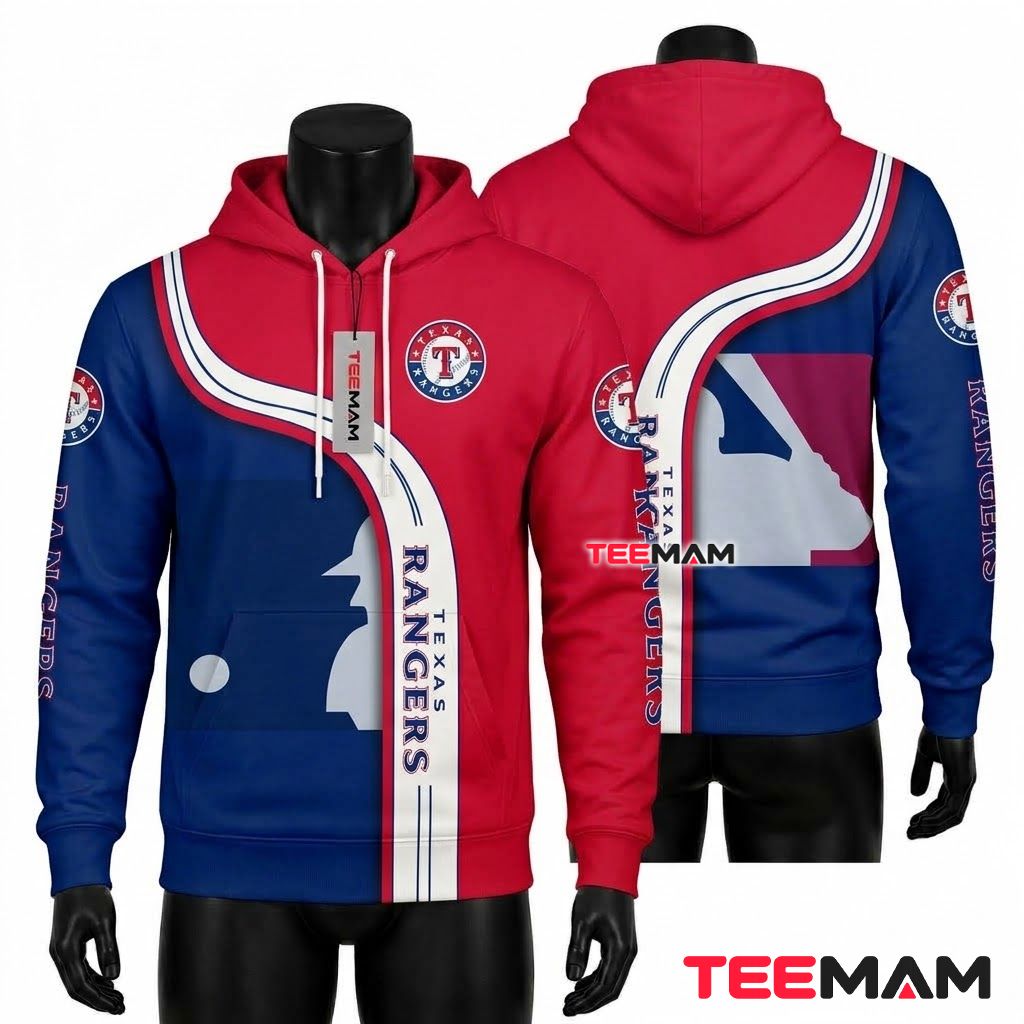 Texas Rangers 3D Hoodie MLB Batter Logo Red Blue Split Front