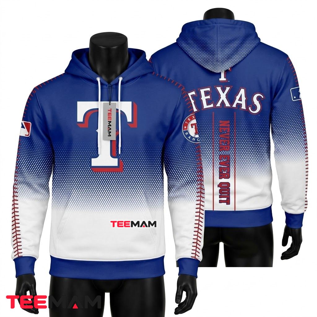 Texas Rangers 3D Hoodie Never Strike Out Baseball Stitch Gradient Front