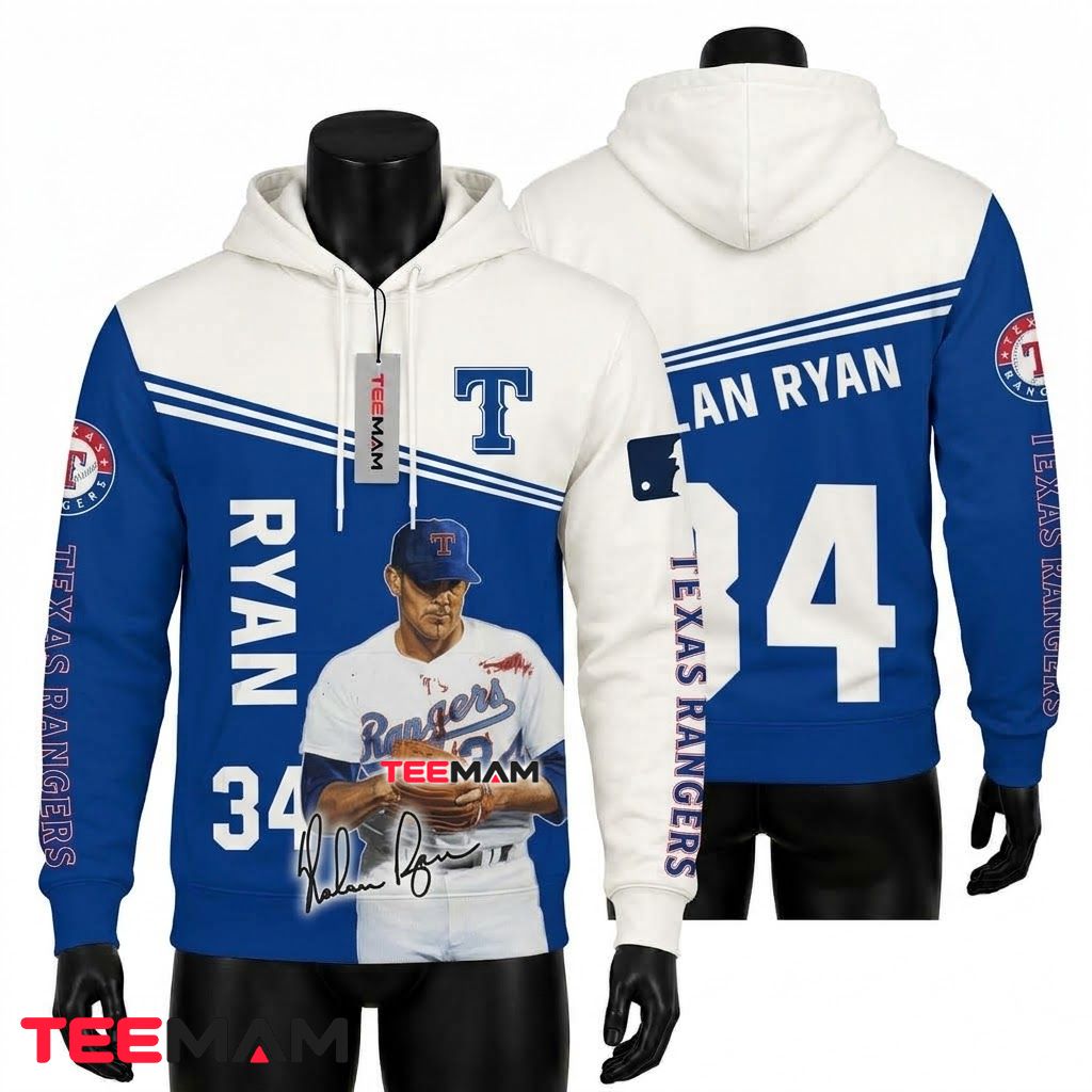 Texas Rangers 3D Hoodie Nolan Ryan 34 Player Portrait Signature Front