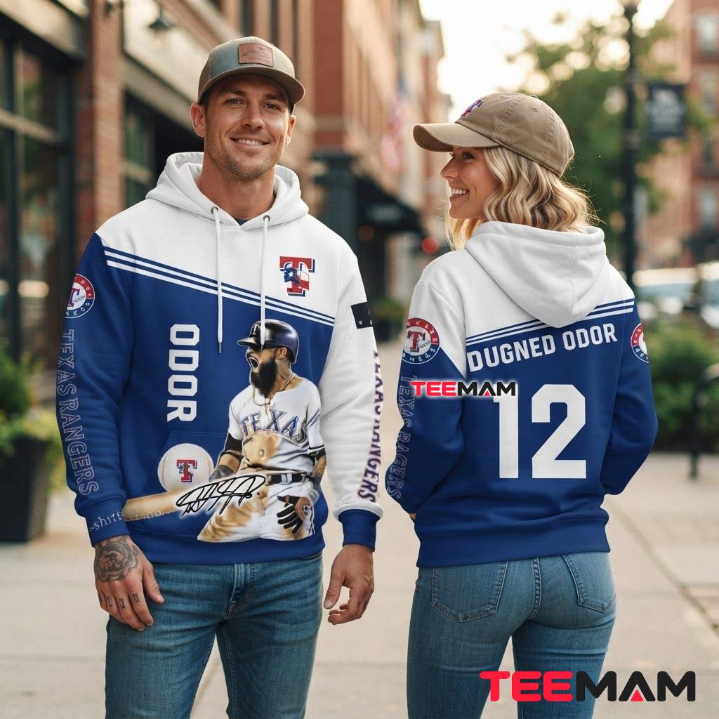 Texas Rangers 3D Hoodie Rougned Odor 12 Player Portrait Signature Back Texas Rangers 3D Hoodie Rougned Odor 12 Player Portrait Signature Back