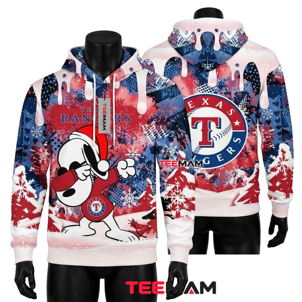 Texas Rangers 3D Hoodie Snoopy Dabbing Christmas Snowflake Front