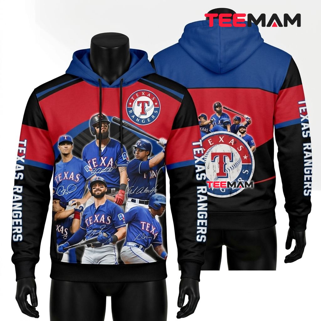 Texas Rangers 3D Hoodie Team Players Signature Collage Front
