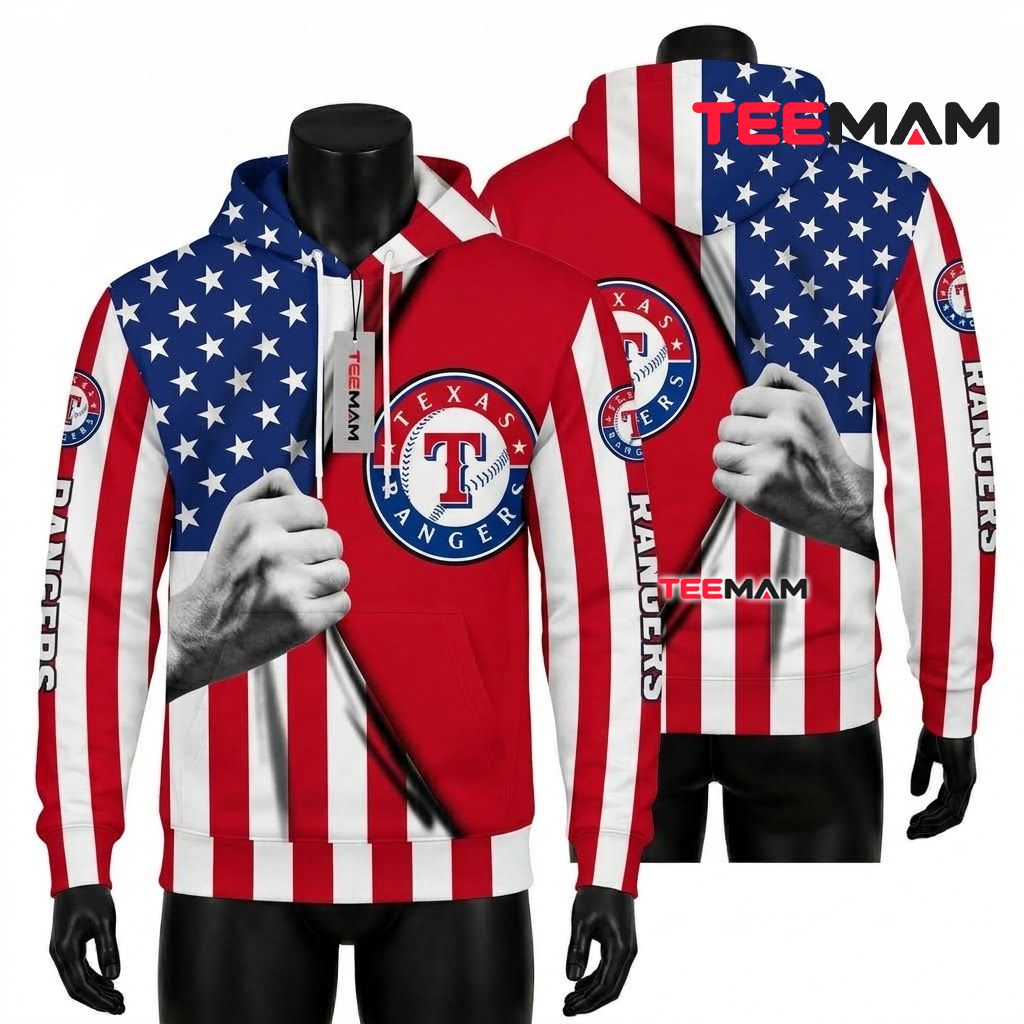 Texas Rangers All Over Print 3D Hoodie American Flag Chest Rip Front