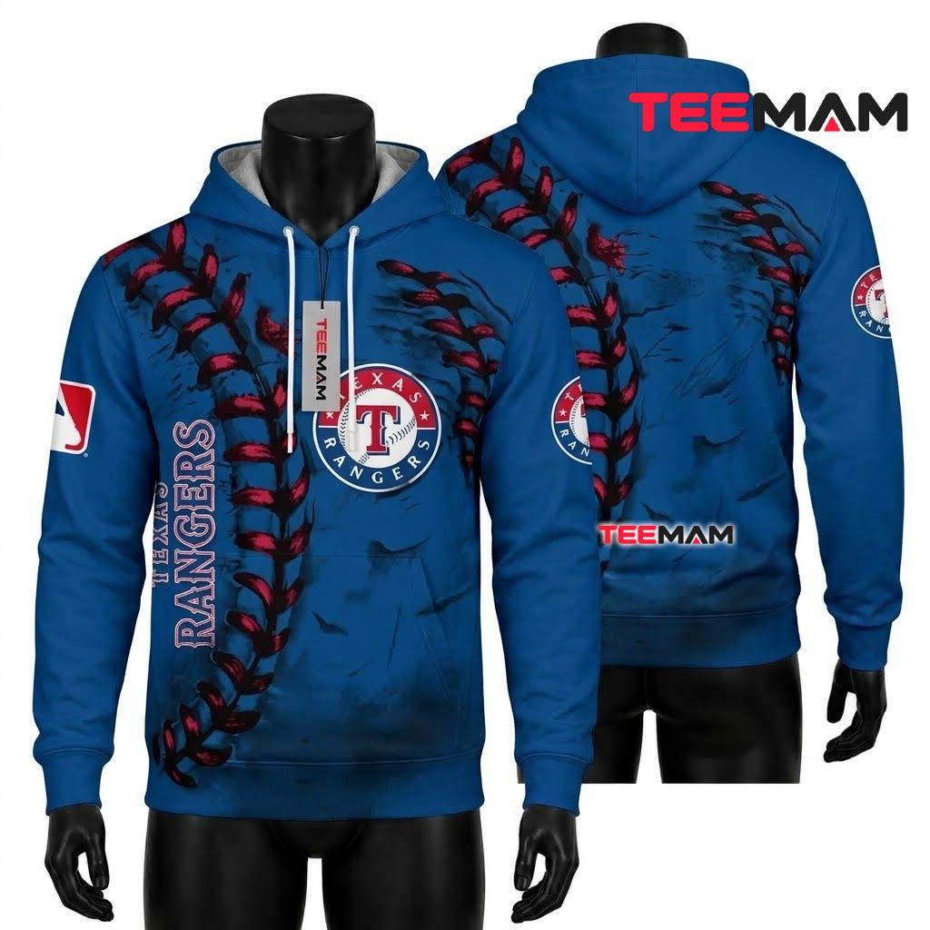Texas Rangers All Over Print 3D Hoodie Baseball Stitch Blue Front
