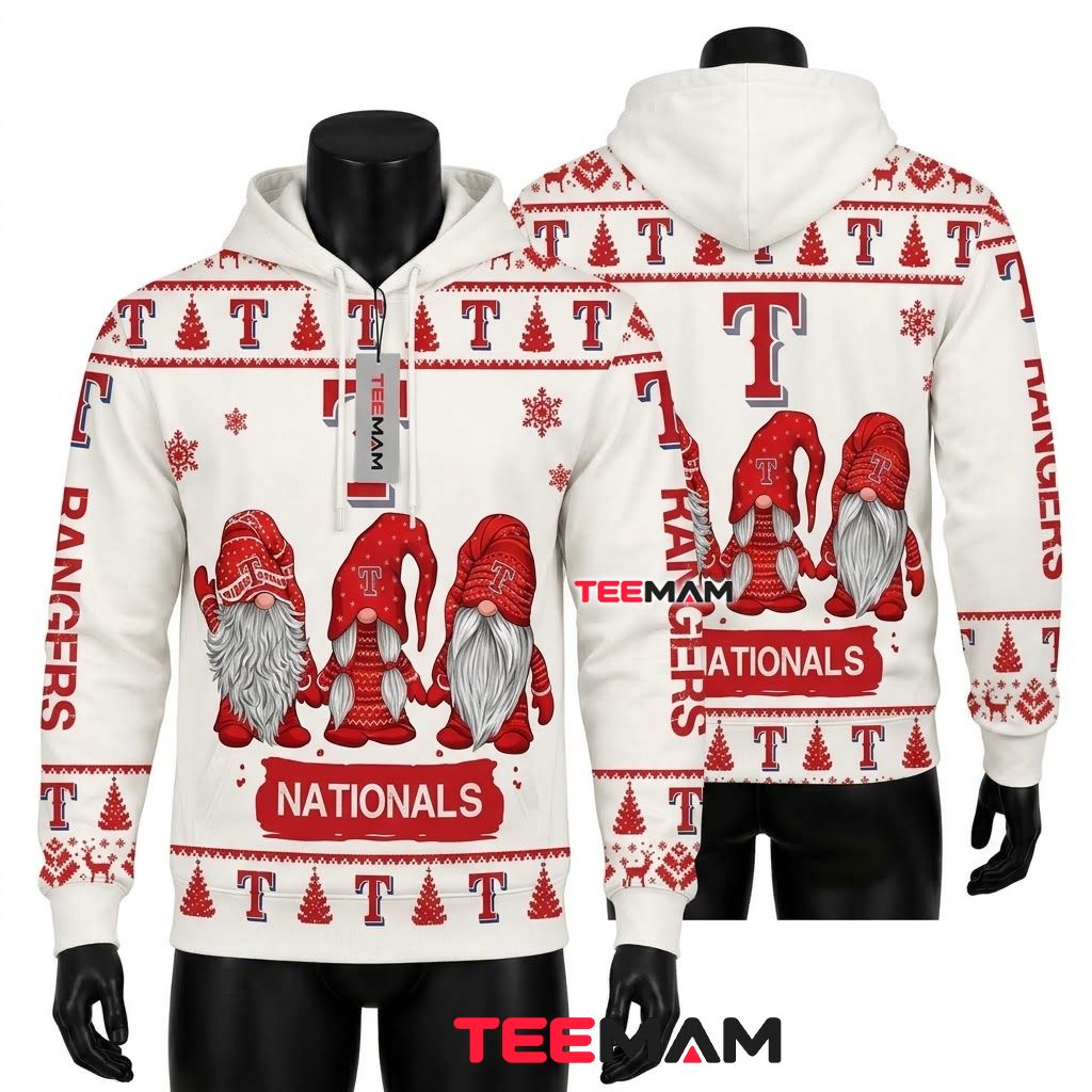 Texas Rangers All Over Print 3D Hoodie Christmas Gnome Trio White Front