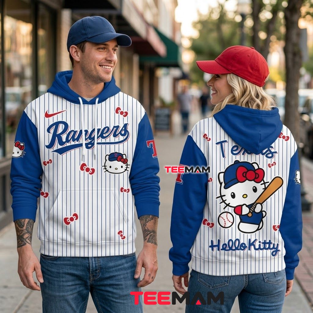 Texas Rangers All Over Print 3D Hoodie Hello Kitty Baseball Pinstripe Back Texas Rangers All Over Print 3D Hoodie Hello Kitty Baseball Pinstripe Back