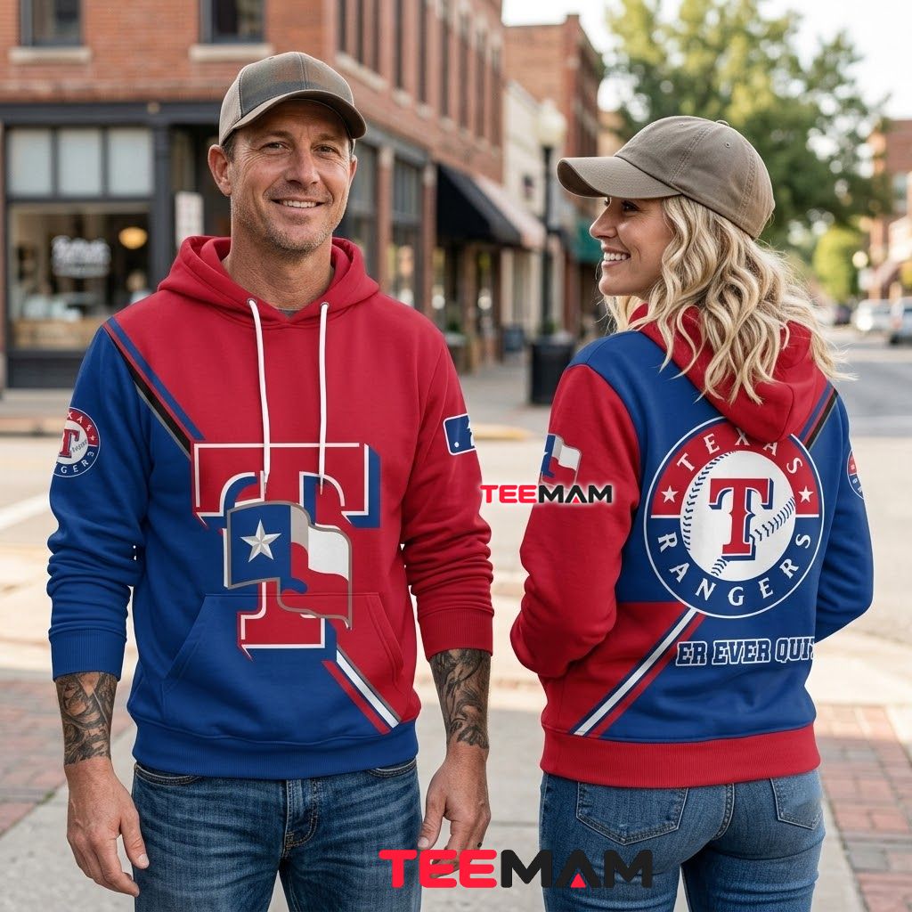 Texas Rangers All Over Print 3D Hoodie Never Ever Quit Red Blue Split Back Texas Rangers All Over Print 3D Hoodie Never Ever Quit Red Blue Split Back