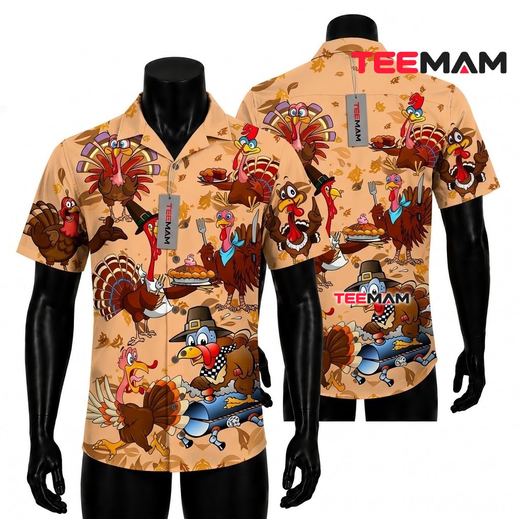 Thanksgiving Hawaiian Shirt Funny Turkey Chef Waiter Peach Front