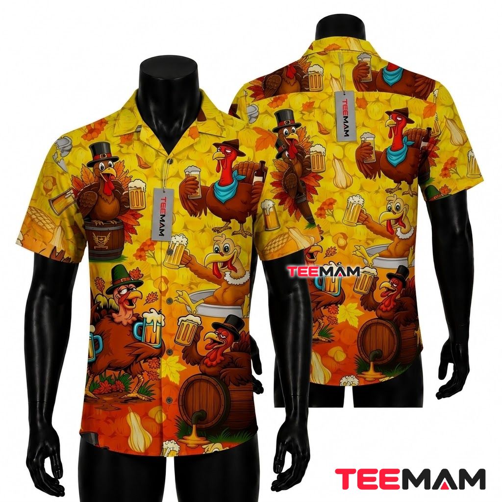 Thanksgiving Hawaiian Shirt Turkey Drinking Beer Party Front