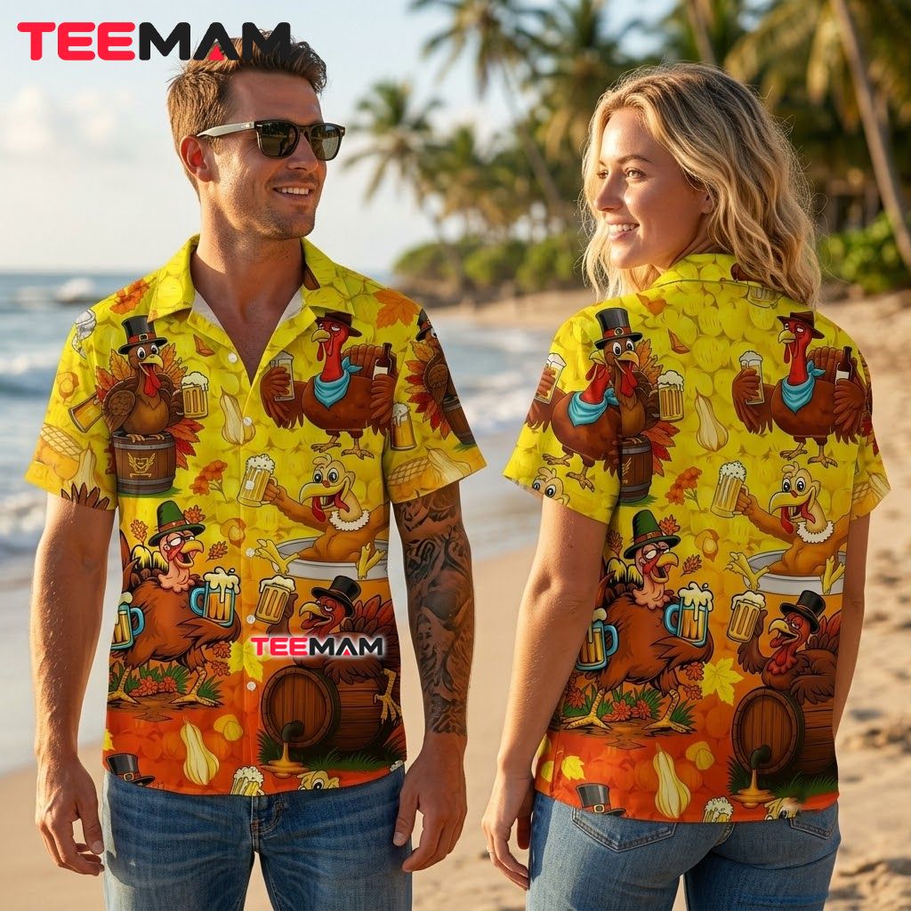 Thanksgiving Hawaiian Shirt Turkey Drinking Beer Party Back Thanksgiving Hawaiian Shirt Turkey Drinking Beer Party Back