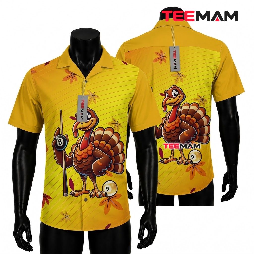 Thanksgiving Hawaiian Shirt Turkey Playing Billiards Yellow Front