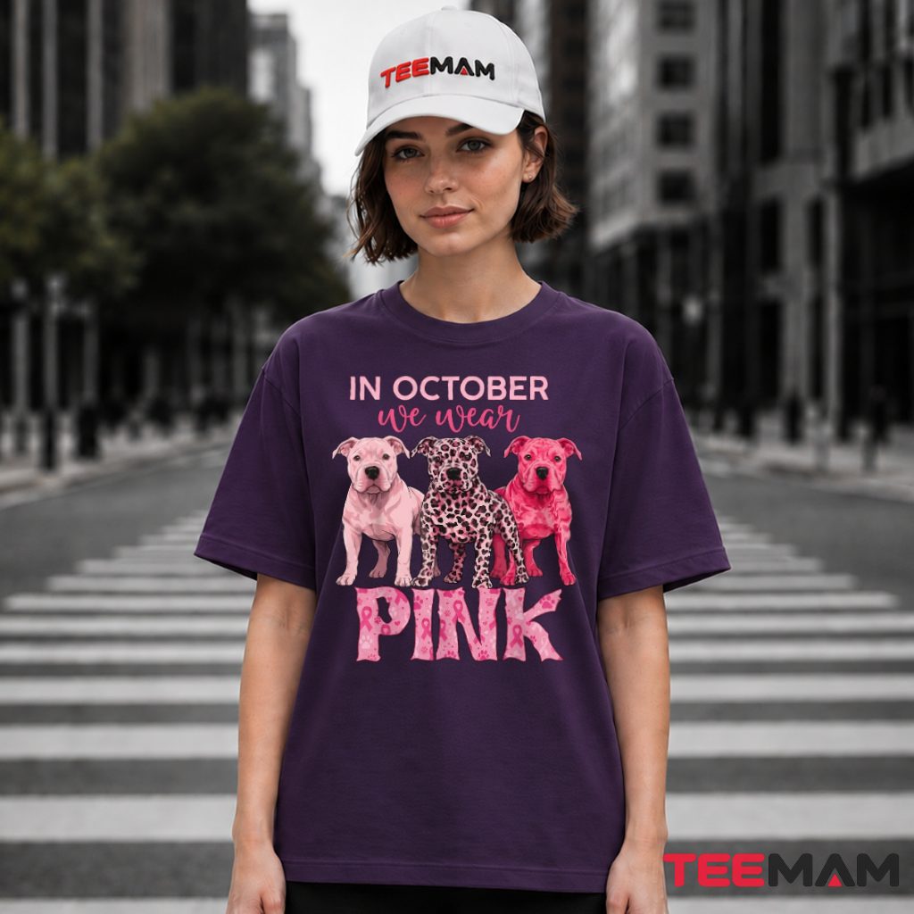 Three Pitbull Dogs Leopard October Pink T-Shirt