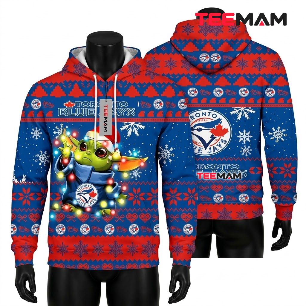 Toronto Blue Jays 3D Hoodie Baby Yoda Christmas Lights Front
