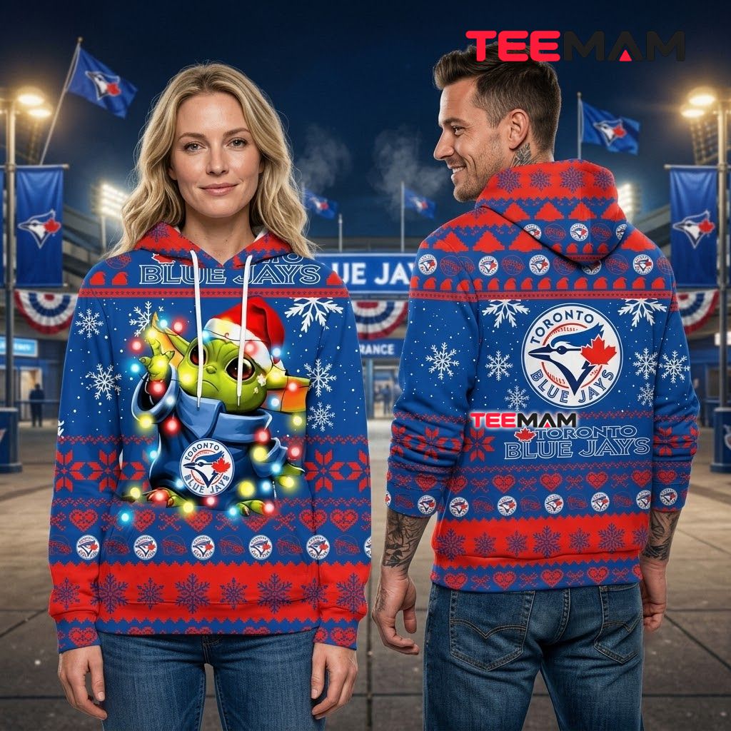 Toronto Blue Jays 3D Hoodie Baby Yoda Christmas Lights Back Toronto Blue Jays 3D Hoodie Baby Yoda Christmas Lights Back