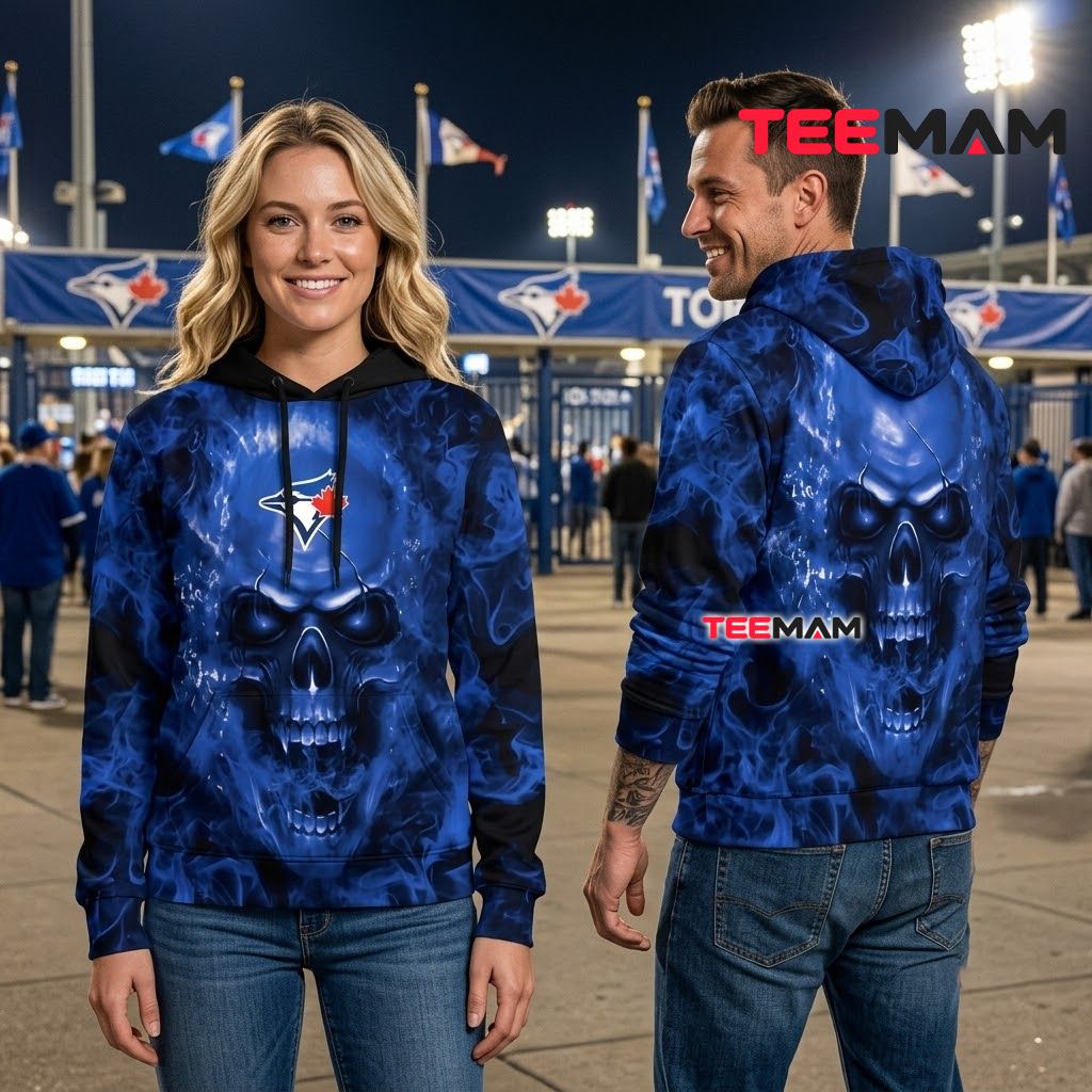Toronto Blue Jays 3D Hoodie Blue Flame Skull Back Toronto Blue Jays 3D Hoodie Blue Flame Skull Back