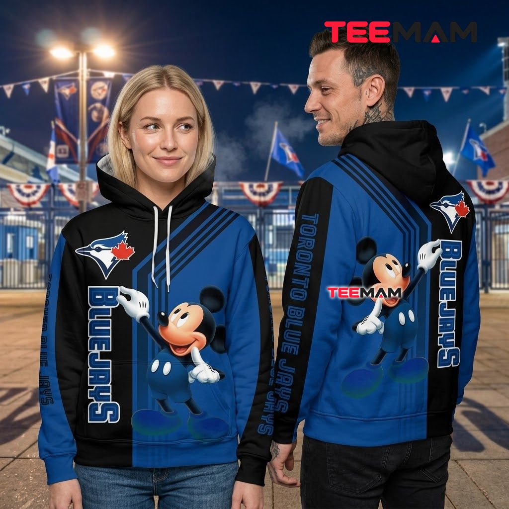 Toronto Blue Jays 3D Hoodie Mickey Mouse Pointing Back Toronto Blue Jays 3D Hoodie Mickey Mouse Pointing Back