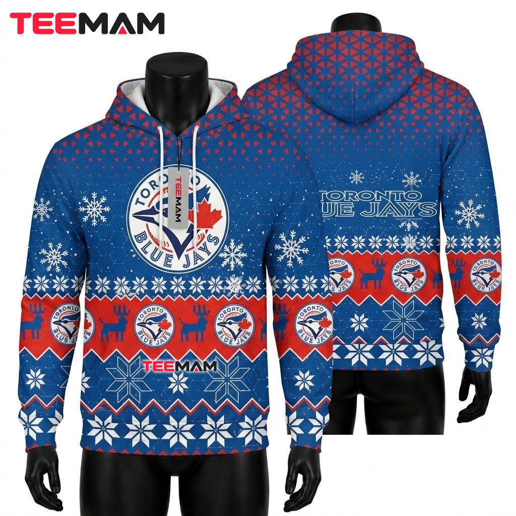 Toronto Blue Jays 3D Hoodie Reindeer Snowflake Christmas Front