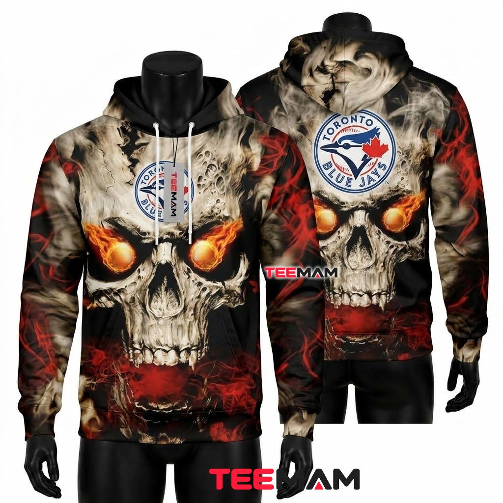 Toronto Blue Jays All Over Print 3D Hoodie Fire Skull Flaming Eyes Front