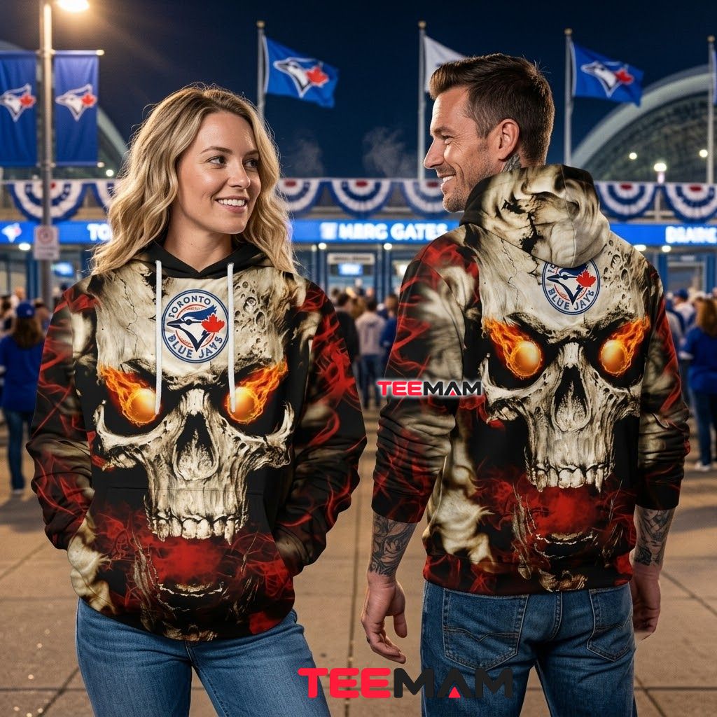 Toronto Blue Jays All Over Print 3D Hoodie Fire Skull Flaming Eyes Back Toronto Blue Jays All Over Print 3D Hoodie Fire Skull Flaming Eyes Back