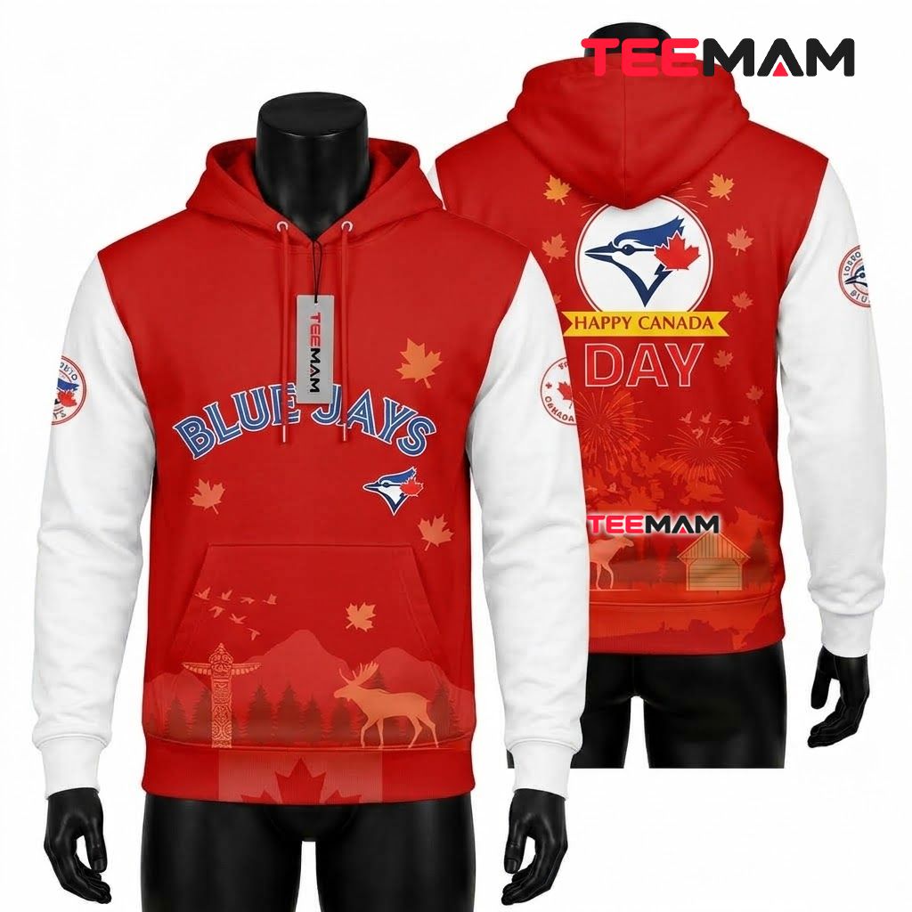 Toronto Blue Jays All Over Print 3D Hoodie Happy Canada Day Maple Leaf Front