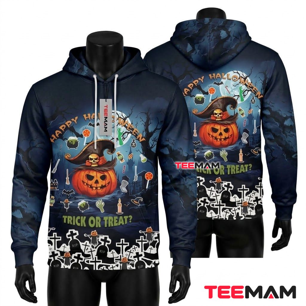 Trick Or Treat Pumpkin Graveyard 3D Hoodie Front