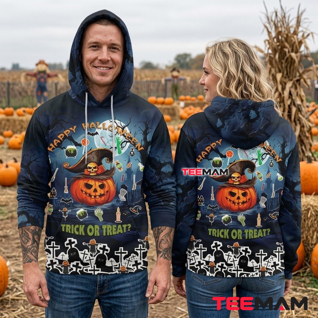 Trick Or Treat Pumpkin Graveyard 3D Hoodie Back Trick Or Treat Pumpkin Graveyard 3D Hoodie Back
