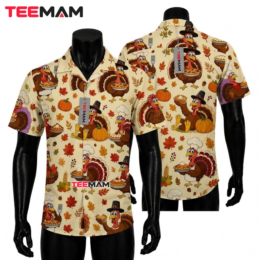 Turkey Baking Pie Thanksgiving Hawaiian Shirt Pilgrim Hat Front
