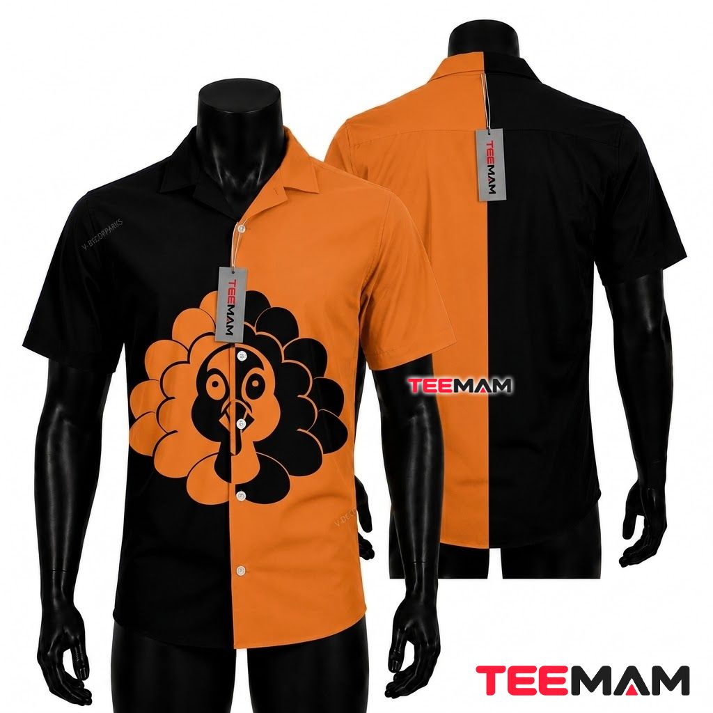 Turkey Face Thanksgiving Hawaiian Shirt Two Tone Black Orange Front