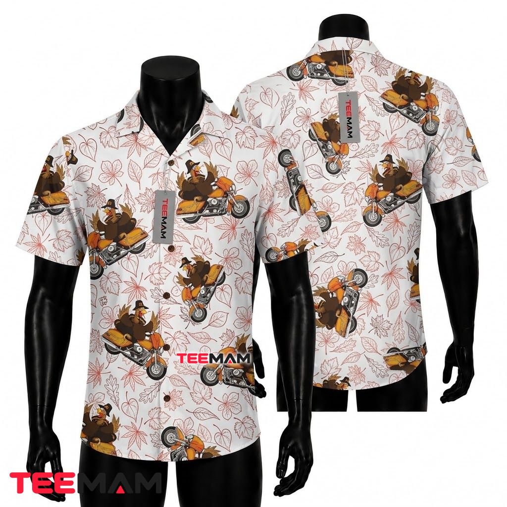 Turkey Riding Motorcycle Thanksgiving Hawaiian Shirt Fall Leaves Front