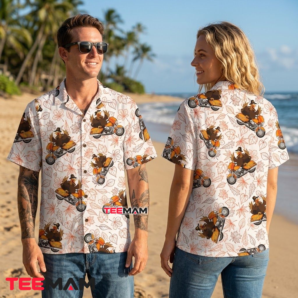 Turkey Riding Motorcycle Thanksgiving Hawaiian Shirt Fall Leaves Back Turkey Riding Motorcycle Thanksgiving Hawaiian Shirt Fall Leaves Back
