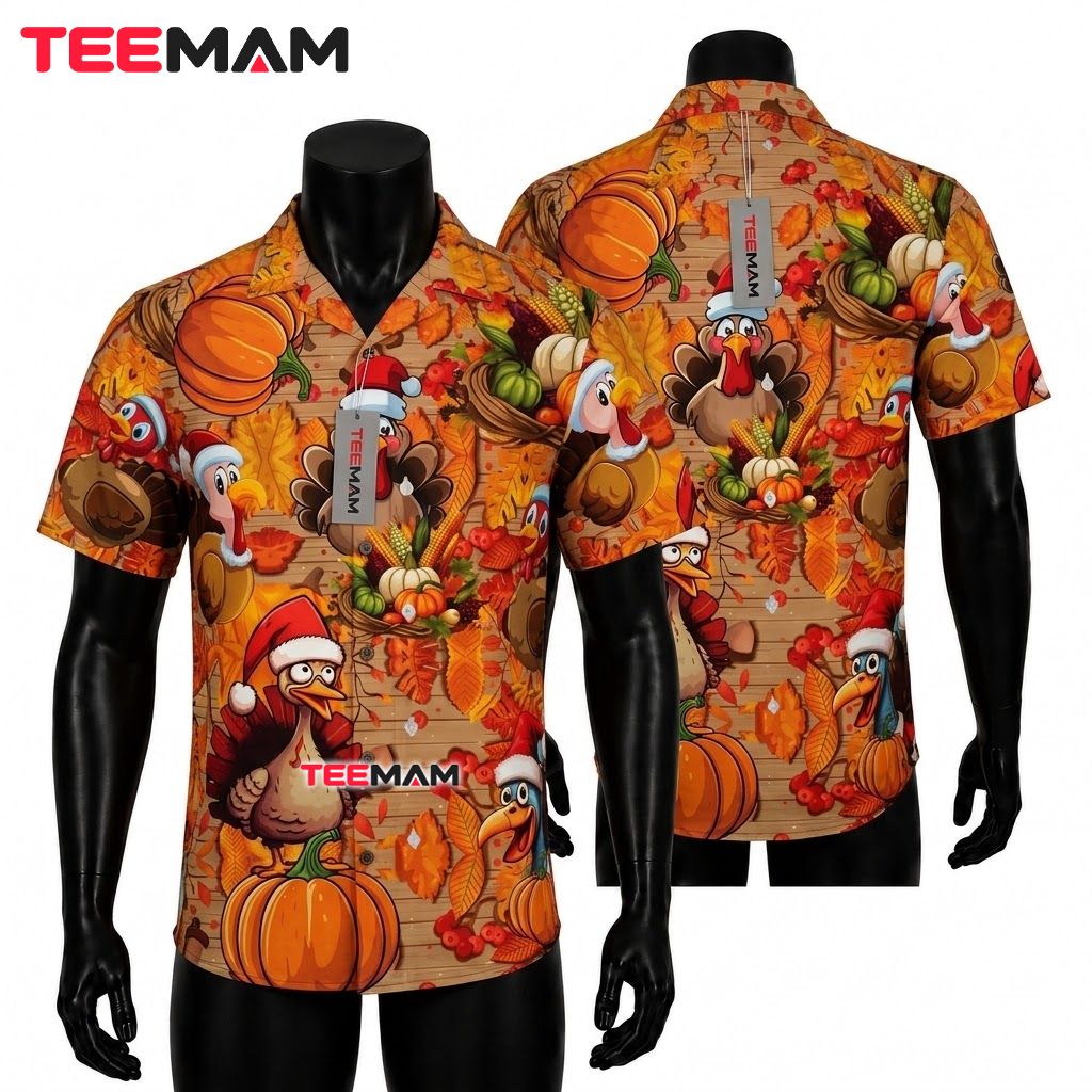 Turkey Santa Hat Thanksgiving Hawaiian Shirt Pumpkin Christmas Front