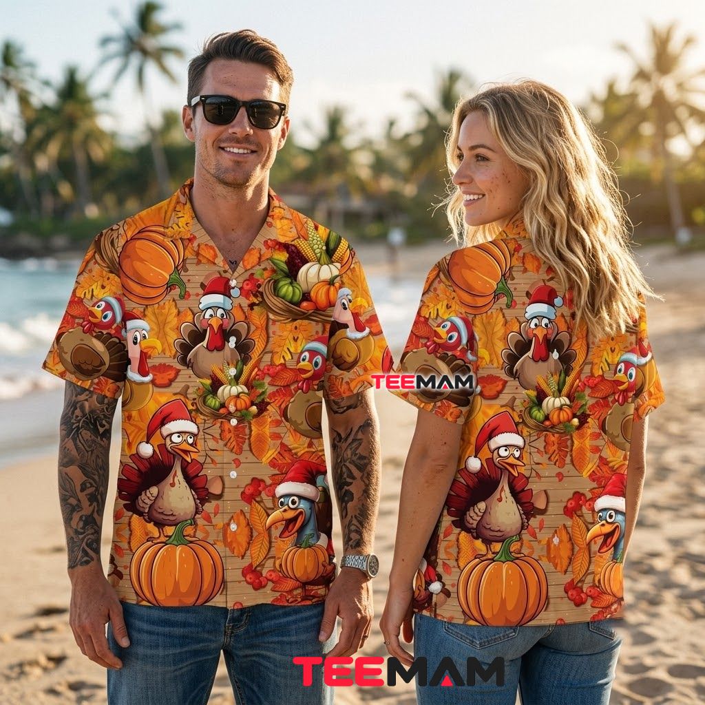 Turkey Santa Hat Thanksgiving Hawaiian Shirt Pumpkin Christmas Back Turkey Santa Hat Thanksgiving Hawaiian Shirt Pumpkin Christmas Back