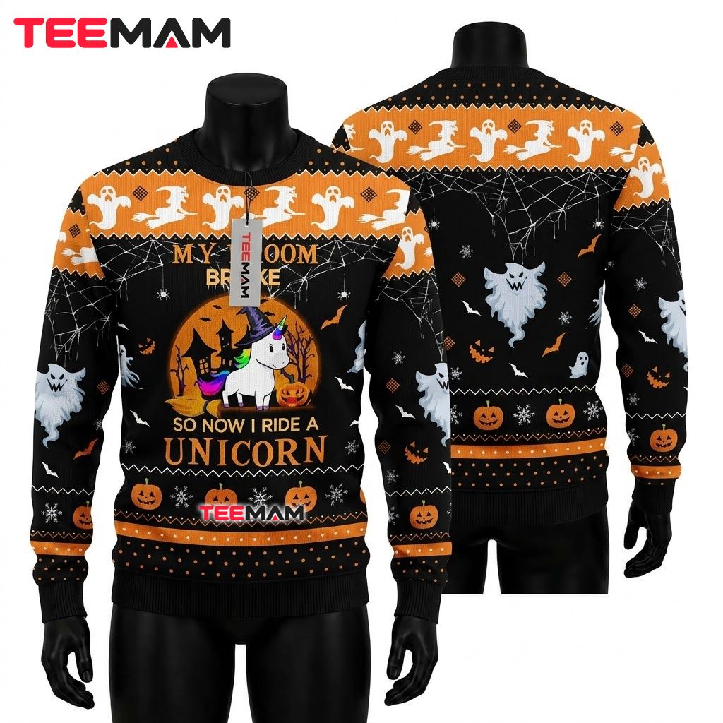 Unicorn Ugly Halloween Sweater Broom Broke Witch Ghost Front