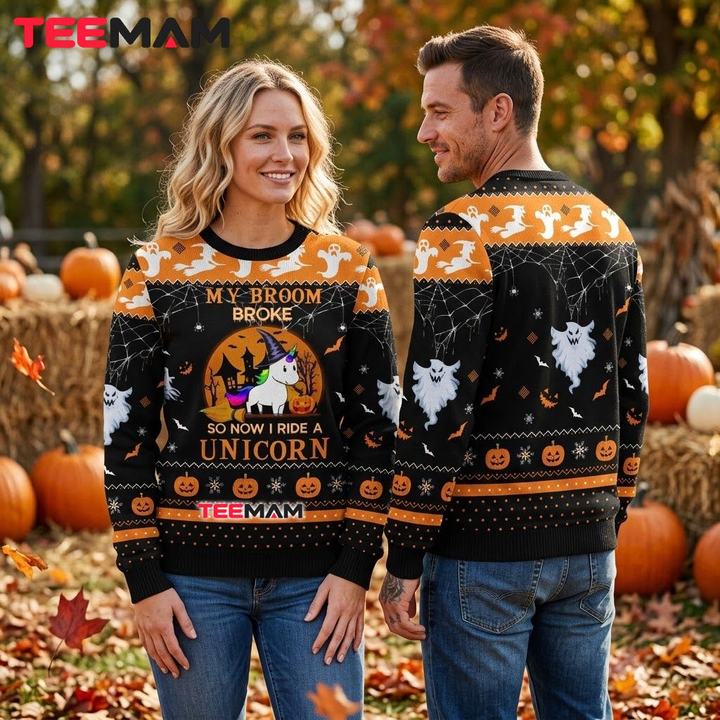 Unicorn Ugly Halloween Sweater Broom Broke Witch Ghost Back Unicorn Ugly Halloween Sweater Broom Broke Witch Ghost Back