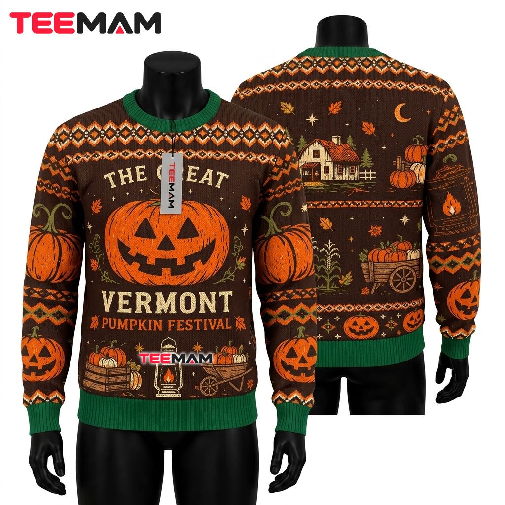 Vermont Ugly Halloween Sweater Pumpkin Festival Farm Print Front
