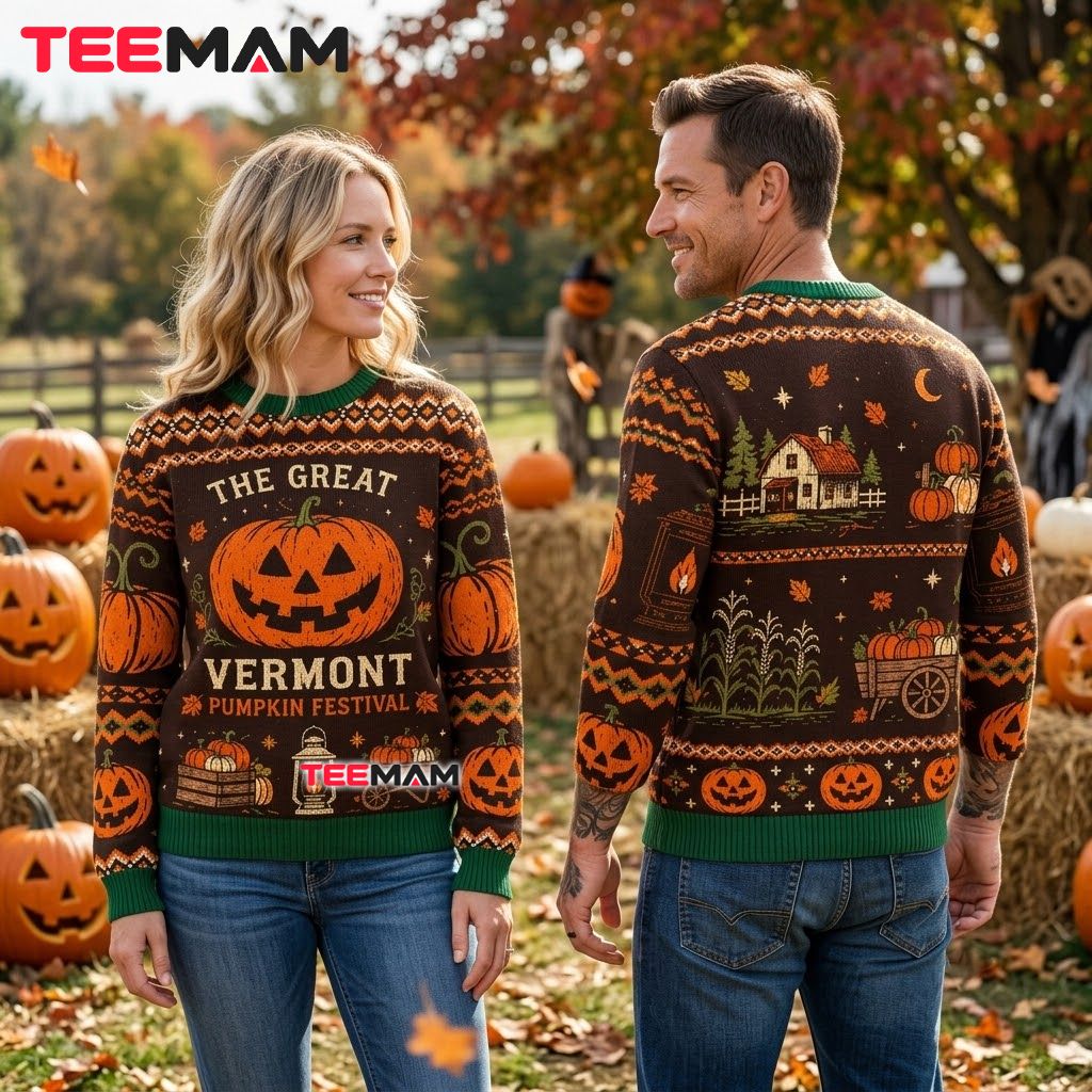 Vermont Ugly Halloween Sweater Pumpkin Festival Farm Print Back Vermont Ugly Halloween Sweater Pumpkin Festival Farm Print Back
