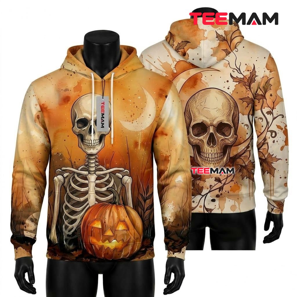 Vintage Skeleton Pumpkin Halloween 3D Hoodie Front